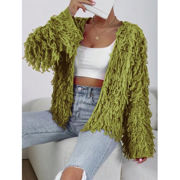 Green Fuzzy Open Knit Cardigan - Picture 3 of 8